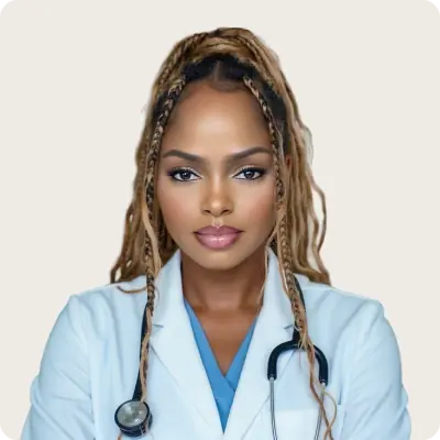 Headshot of Dr. Casey-Ann Collins DNP MSN FNP-BC, Her Fantasy Box medical team member, in white coat with stethoscope.